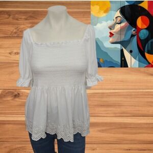 Polo Ralph Lauren Smocked Jersey Top‎ Girls XL (16) Watch Hill White Square Neck